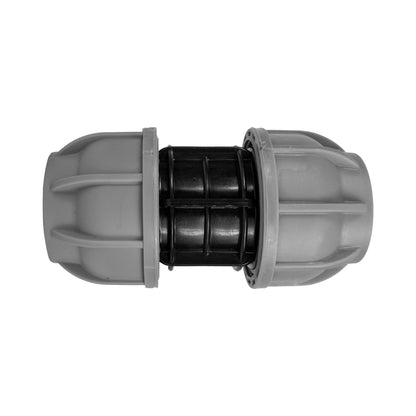 MDPE straight joiner 20mm, grey connector with black coupling inserts