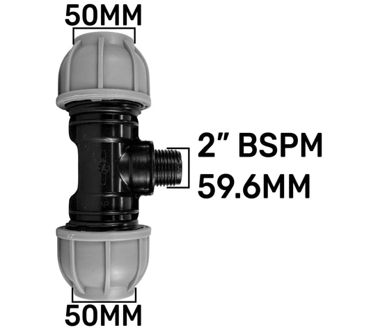 MDPE tee fitting, 50mm; 2" BSPM; shown dimensions 50mm and 59.6mm