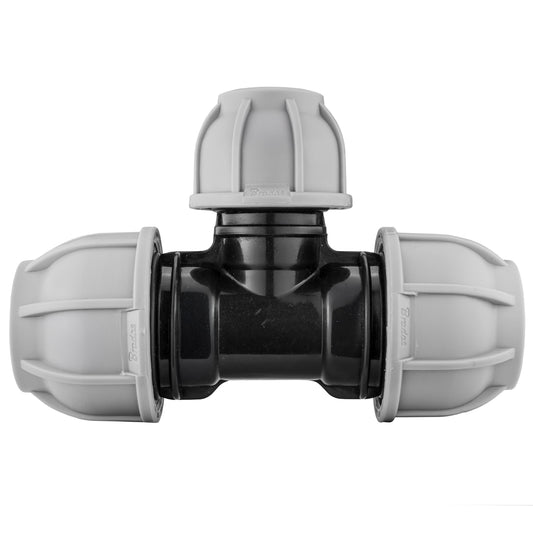MDPE reducing tee 25–20–25mm with black insert, grey end fittings
