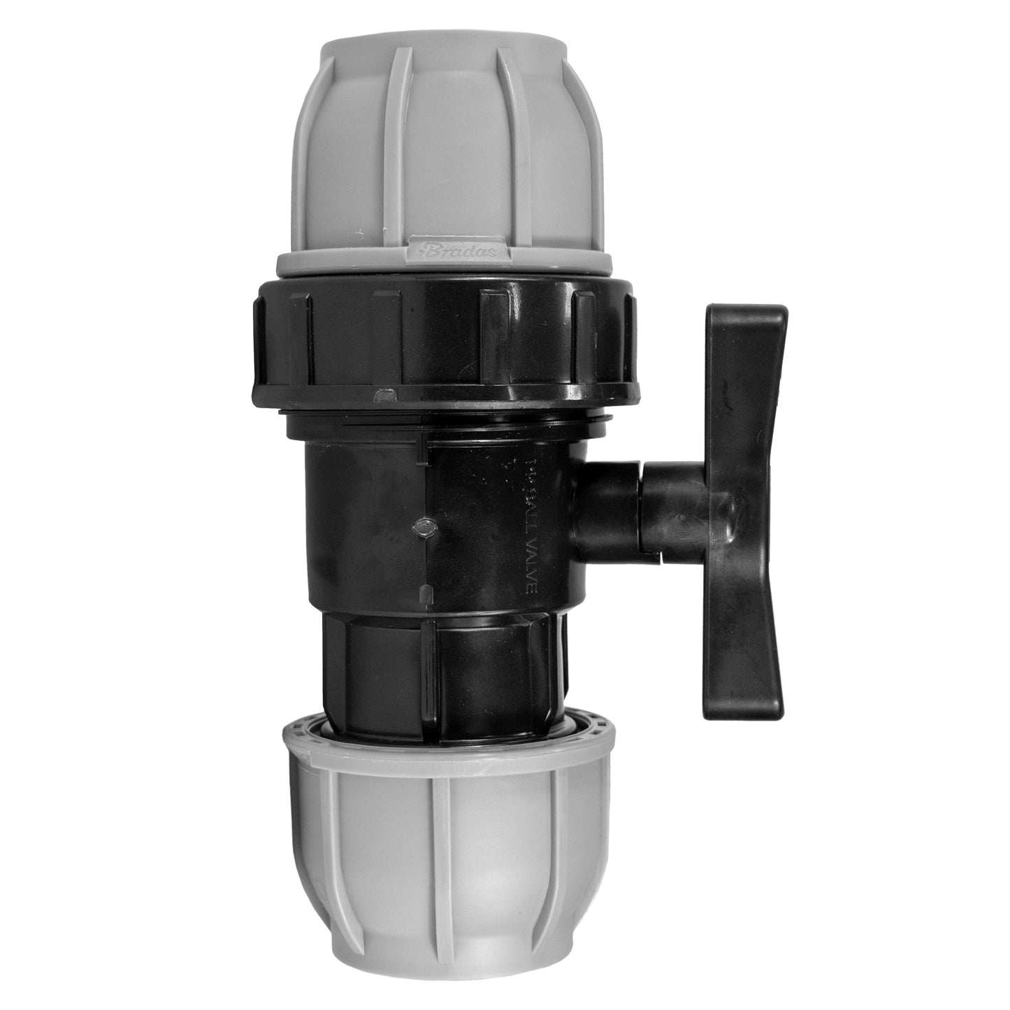 Black lever valve on wall flange kit with grey pipe coupling