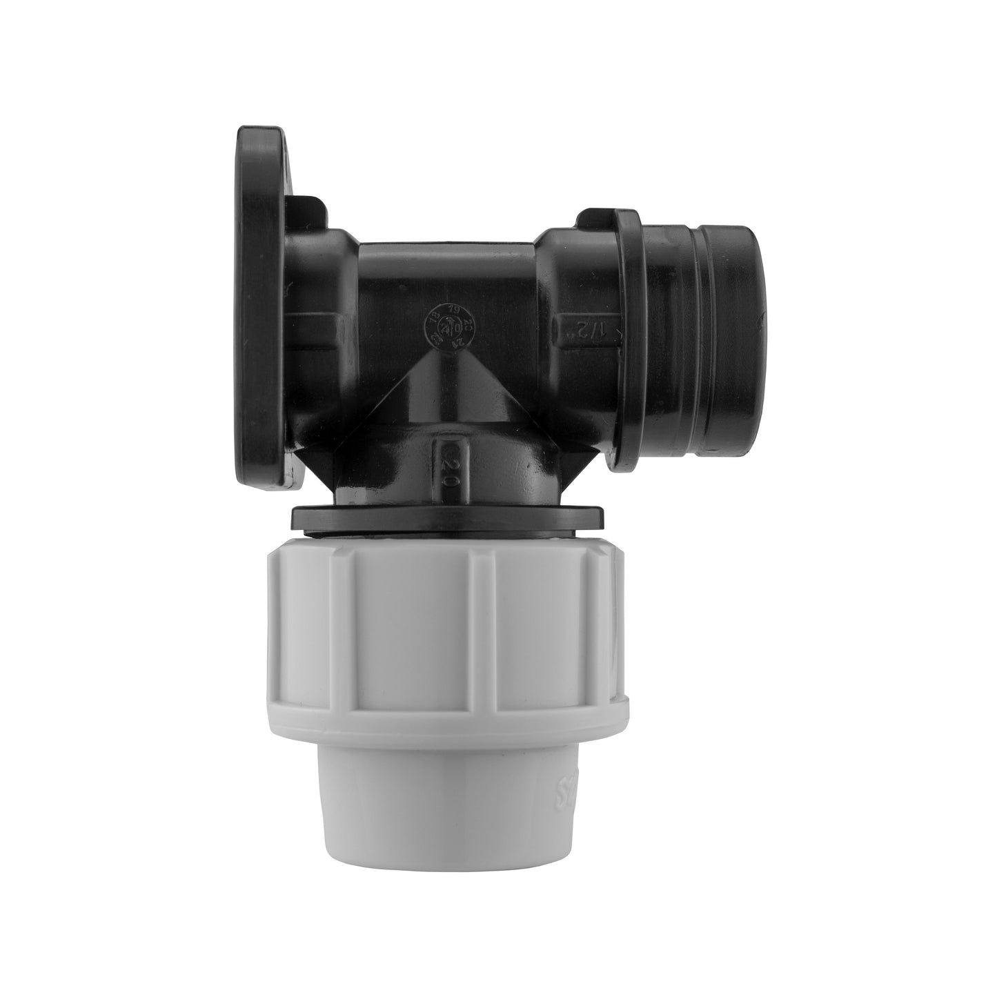 Black MDPE elbow fitting with grey 20mm flange collar and central branch