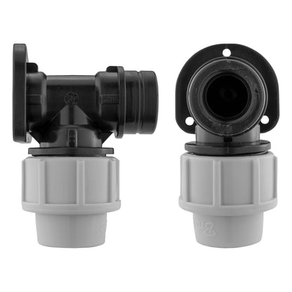 MDPE elbow connector with snap-on wall flange base and gasket port