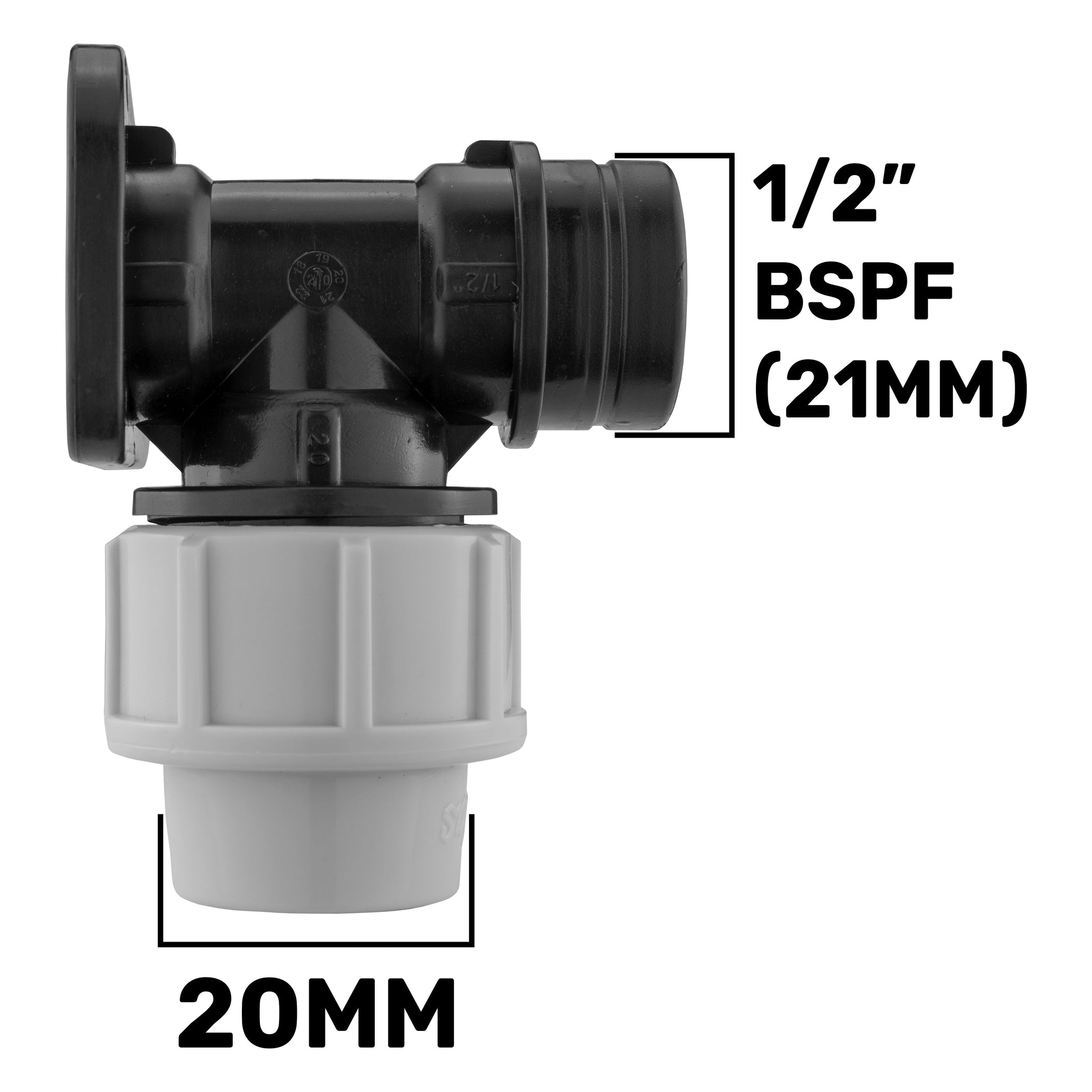 Wall flange kit 20mm MDPE snap-on male: 1/2" BSPF, 20mm dimension shown