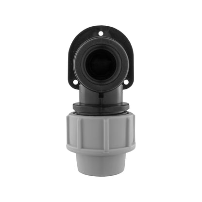 Wall flange with black rubber seal, gray body, and screw mounting holes