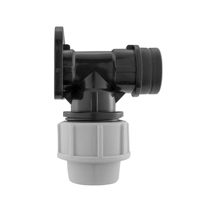 90° black pipe elbow with 32mm wall flange connector, grey coupling base