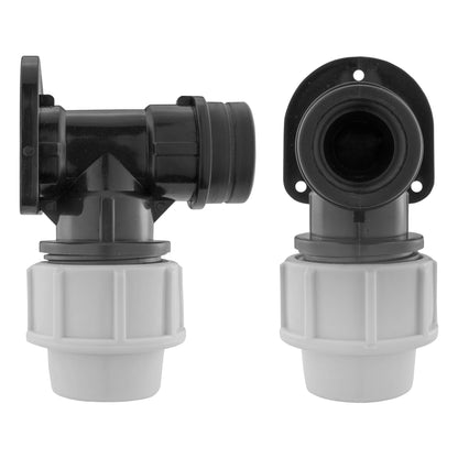 MDPE wall flange kit, 32mm ends with black pipe connections and grey bodies