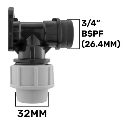 Wall flange kit 32mm with 3/4" BSPF marking on black elbow and grey flange