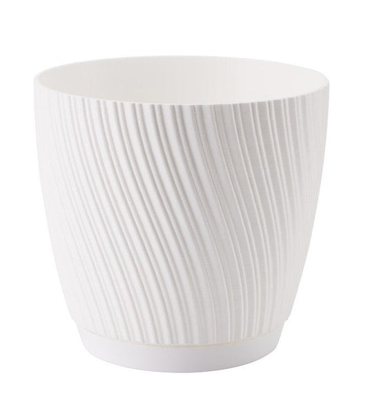 Mika pot with saucer, 170mm, white ceramic-style planter with vertical ridges