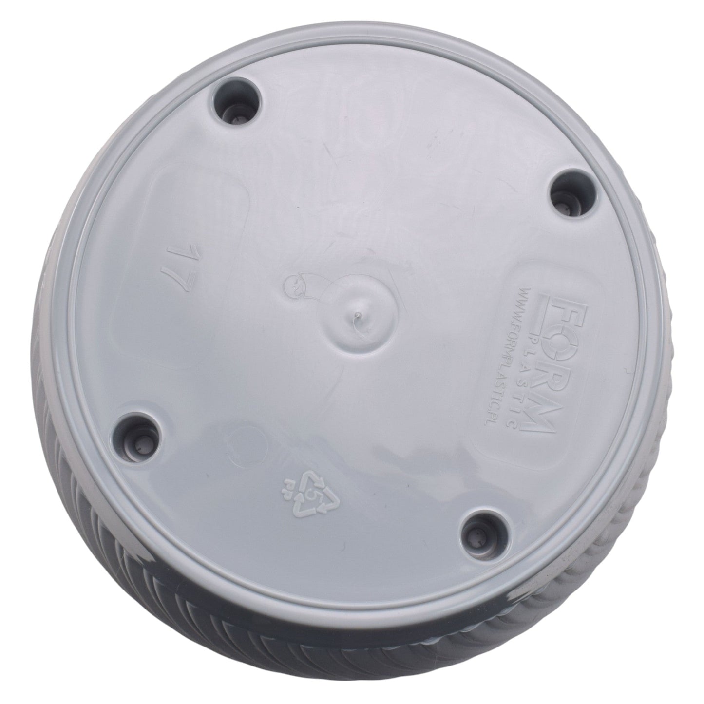 Pot base in platinum-grey with four drainage holes and embossed logo
