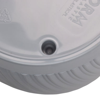 Drainage outlet detail on pot base rim, platinum-grey with central hole