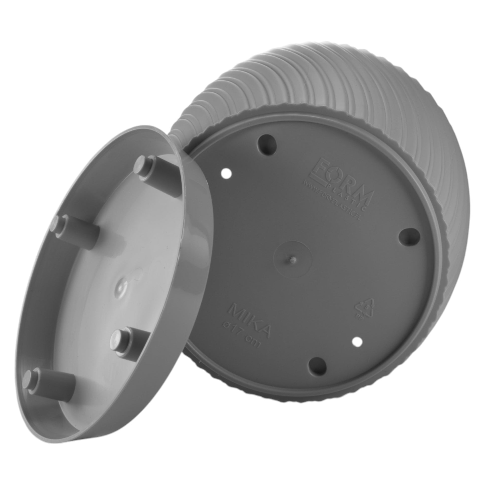 Mika Pot underside with matching saucer, dark grey, circular drainage holes