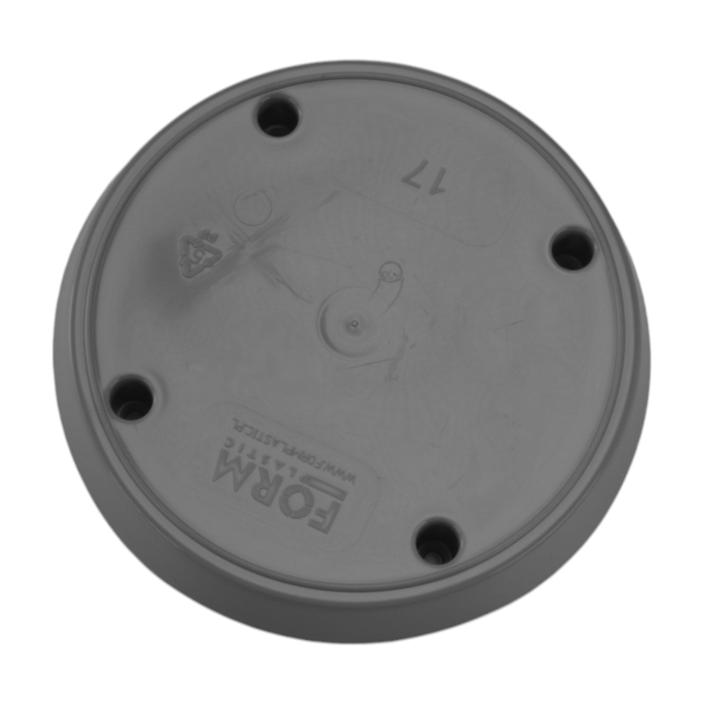 Pot base, platinum-grey with drainage holes and embossed markings