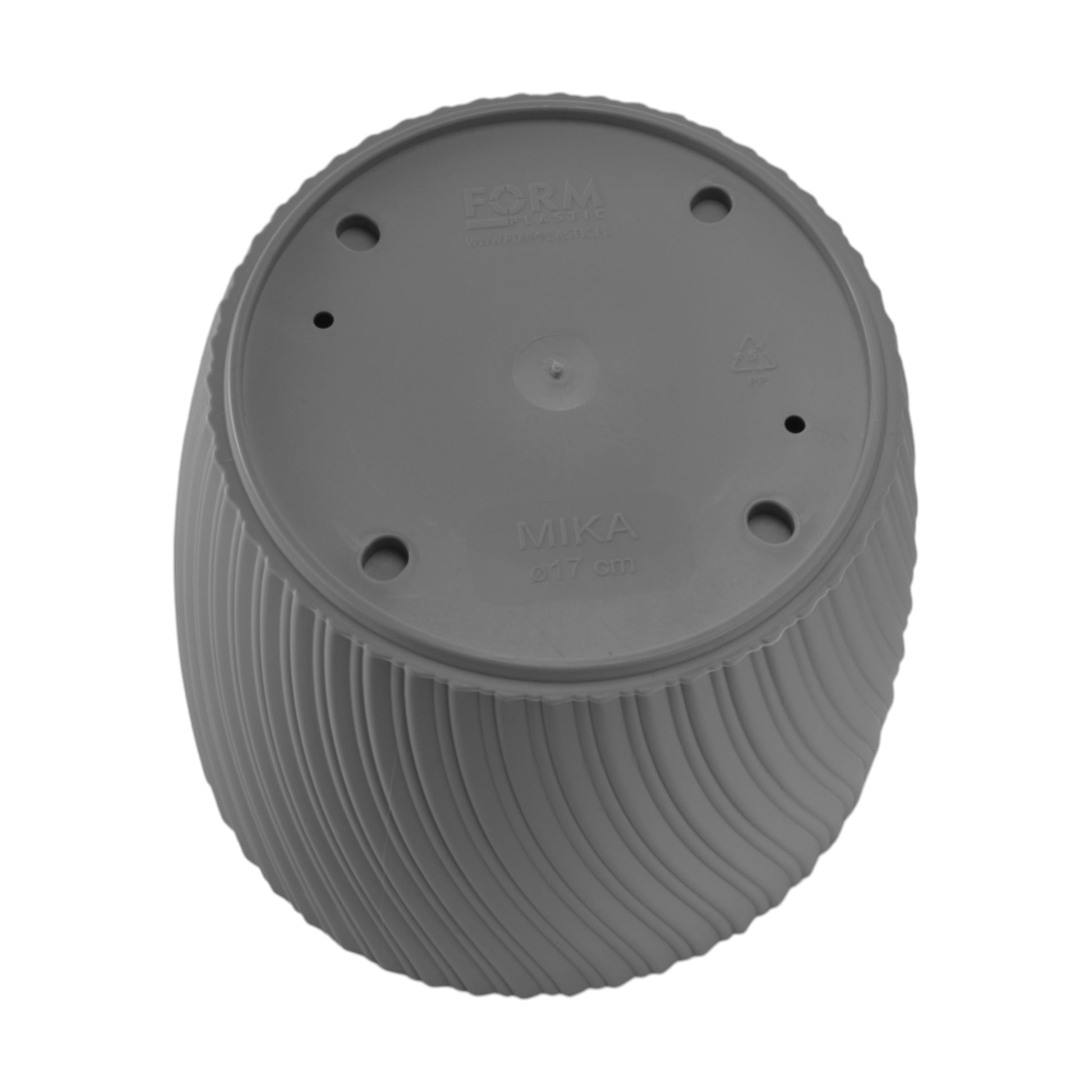 Pot underside view: embossed 'MUKA' and size, platinum-grey with holes