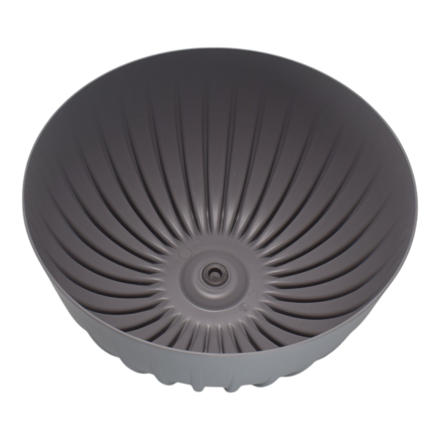 Gray bowl pot underside with central drain opening and fluted channels