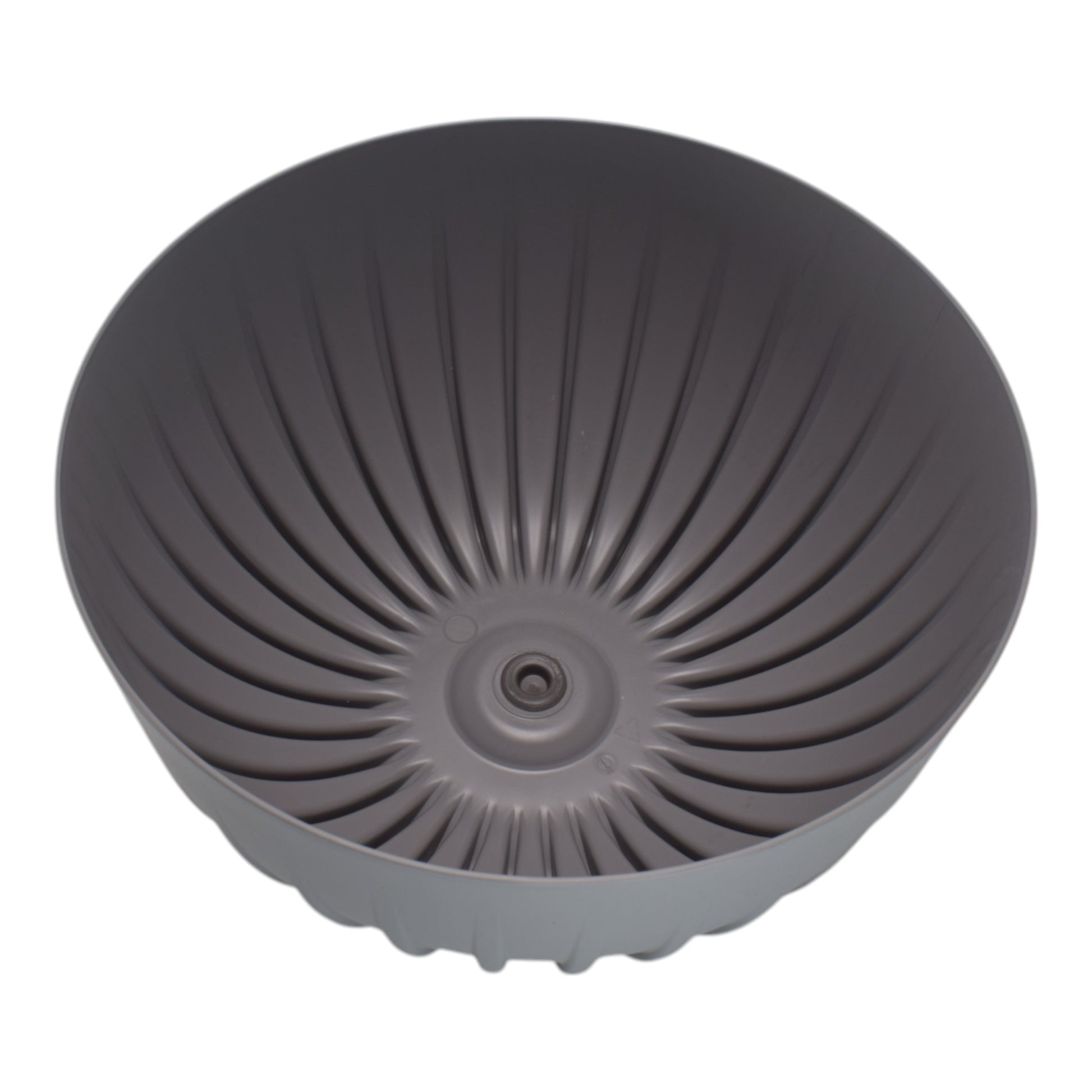 Gray bowl pot underside with central drain opening and fluted channels