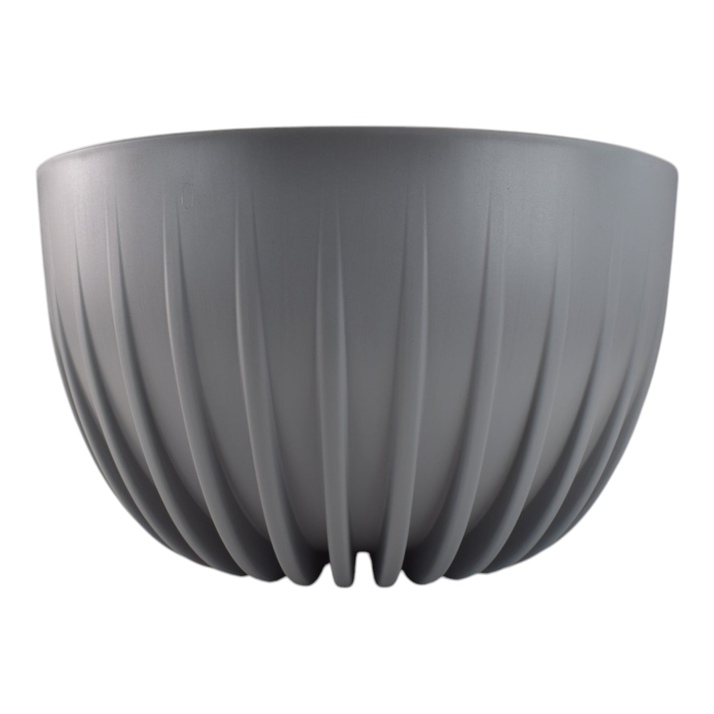 Gray bowl pot underside view with drainage plug opening