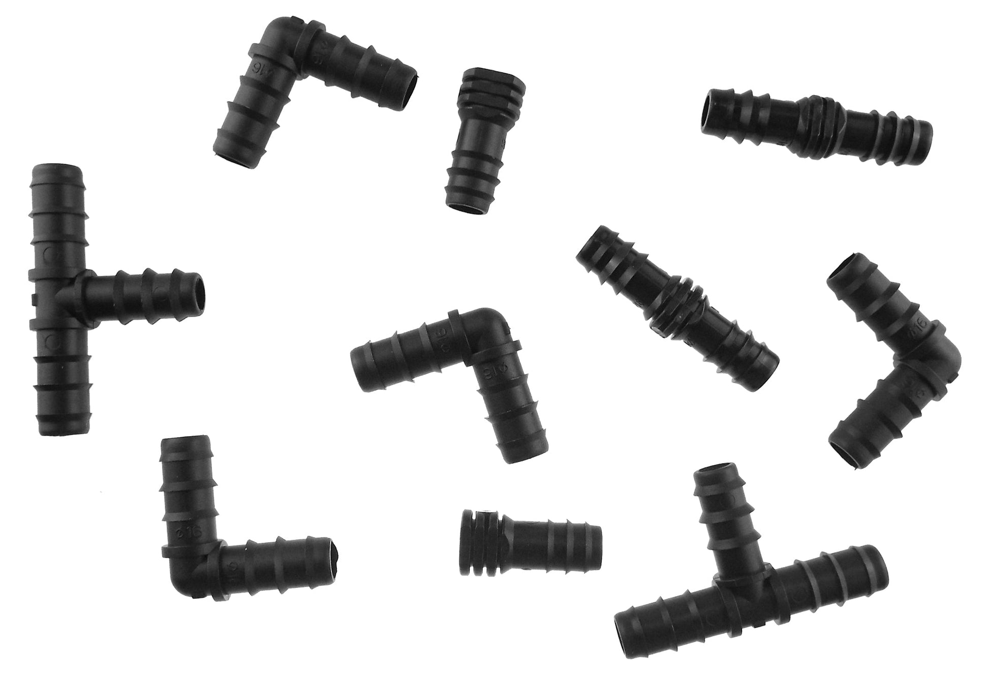 Assorted black barb connectors: elbows, tees, joiners and bungs with ribbed ends