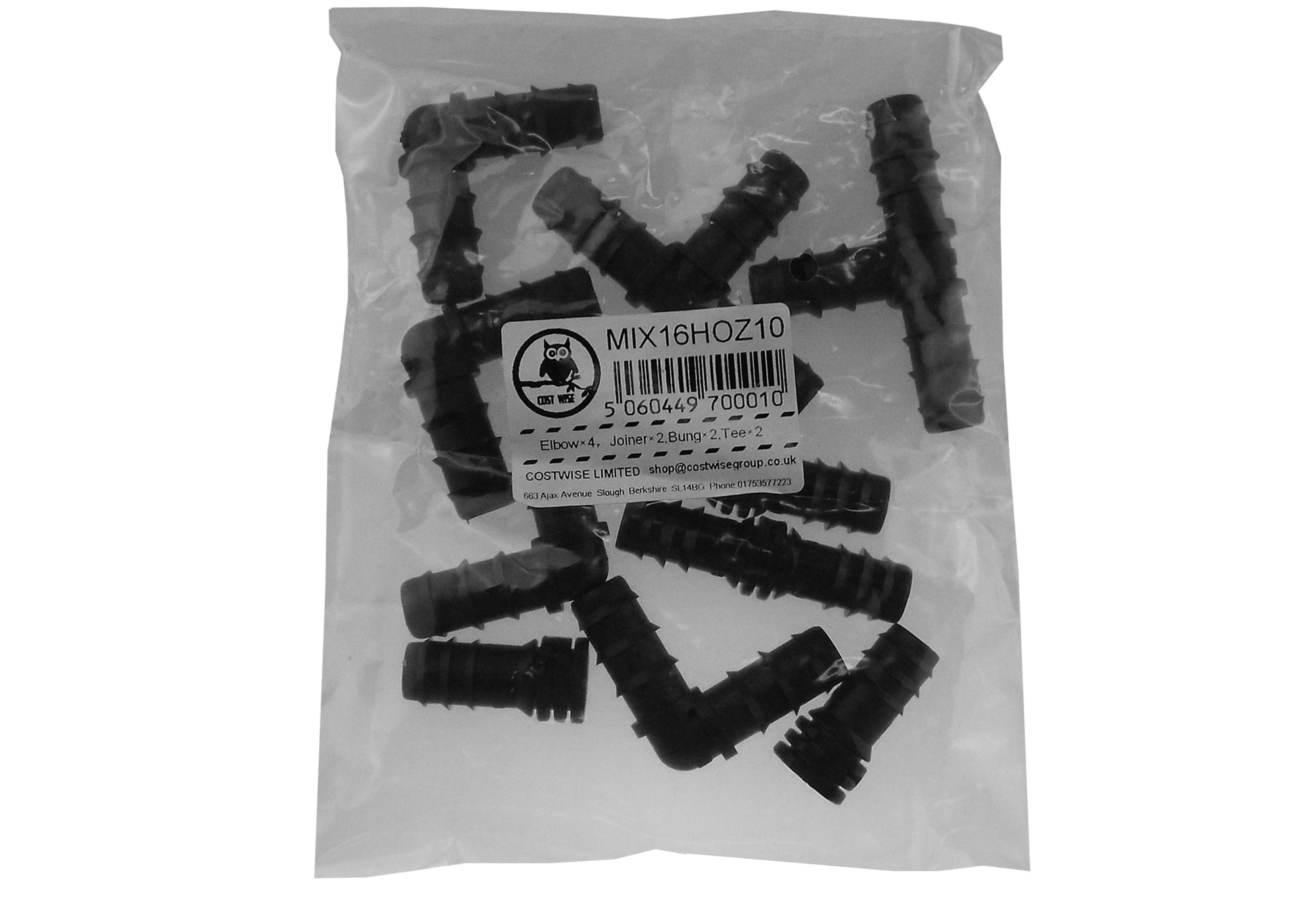 Bagged mix of black barb connectors with barcode label and assorted fittings