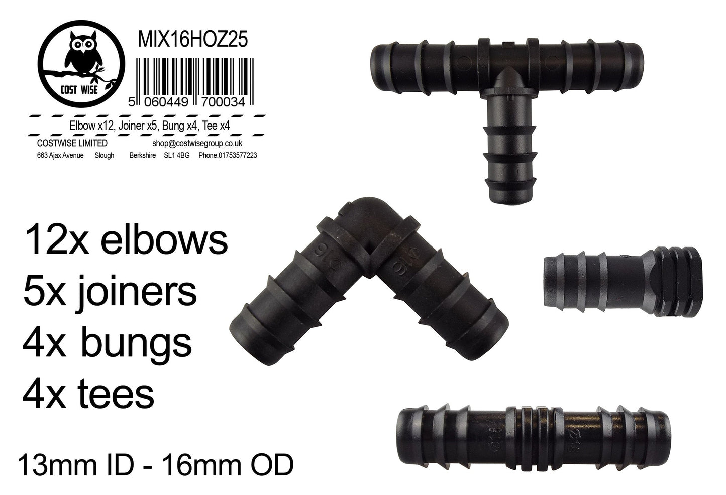 Barbed connector mix set: elbows, joiners, bungs and tees, 13mm ID to 16mm OD