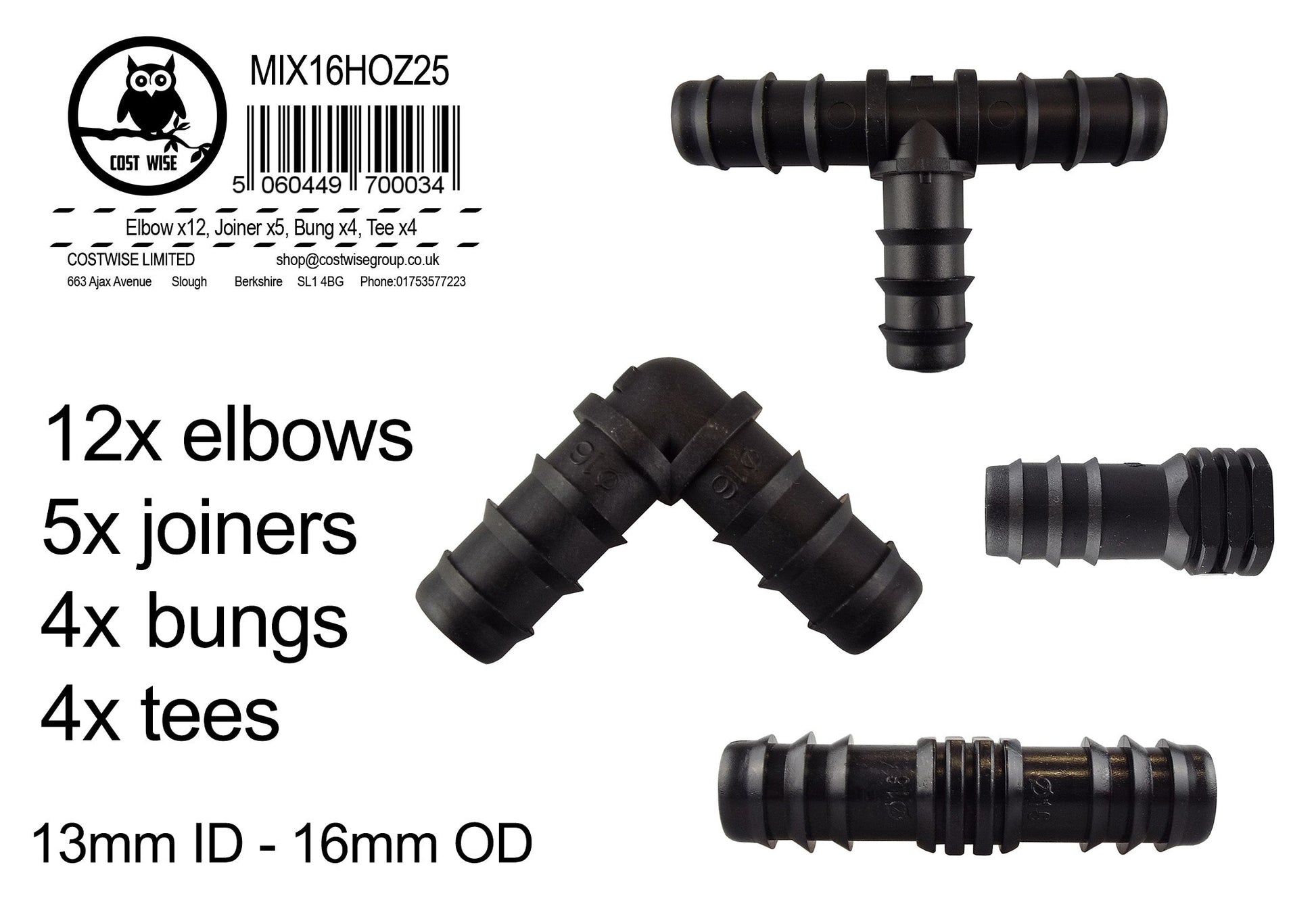 Barbed connector mix set: elbows, joiners, bungs and tees, 13mm ID to 16mm OD