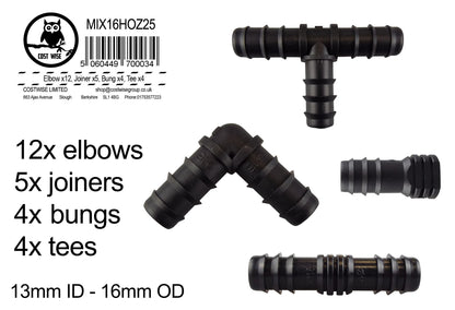 Barbed connector mix set: elbows, joiners, bungs and tees, 13mm ID to 16mm OD