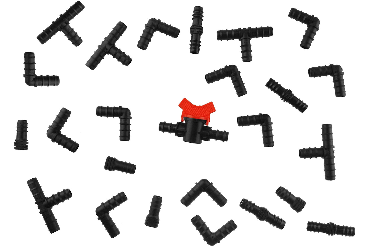 Assorted black barb connectors: elbows, tees, joiners, bungs, and one red valve insert