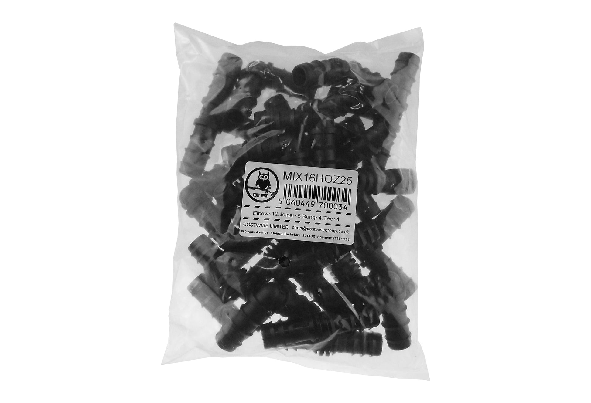 Bagged mix of black barbed plastic pipe connectors with elbows, joiners, bungs and tees