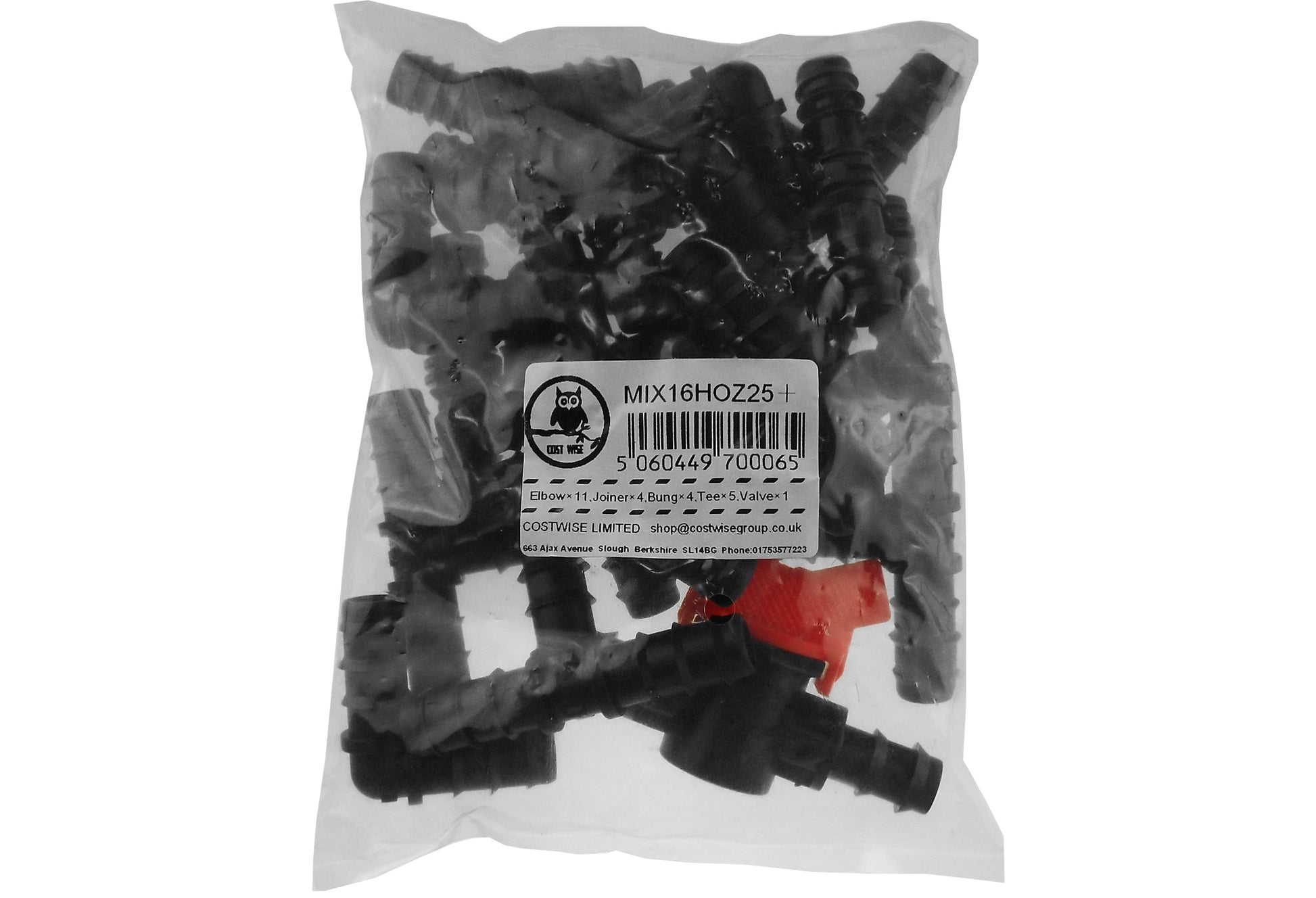 Bagged mix of black barb connectors with red valve insert, labeled Mix16HOZ25+