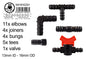 Mix 1/2" barb connectors kit, black pipe fittings assortment with red valve part