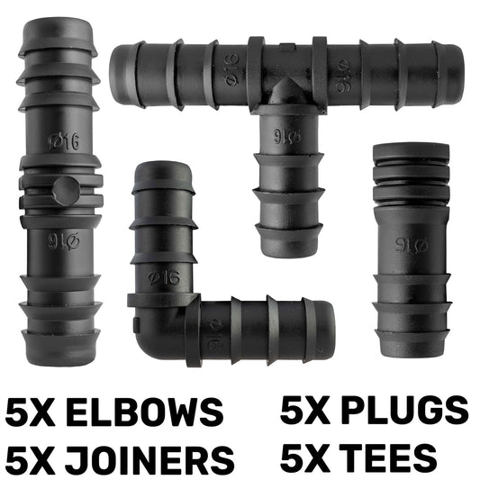 Schwarze 1/2" Barb-Verbinder: 5x Elbows, 5x Joingers, 5x Plugs, 5x Tees