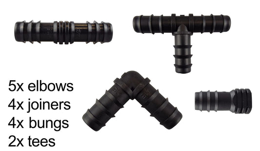 1/2" Barb-Connector-Set, schwarz: Bögen, Verbinder, Stopfen und T-Stücke