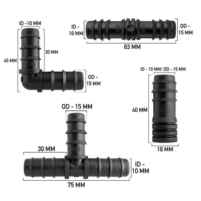Connector dimensions: 10 mm inner ID and 15 mm outer OD (multiple joint types)