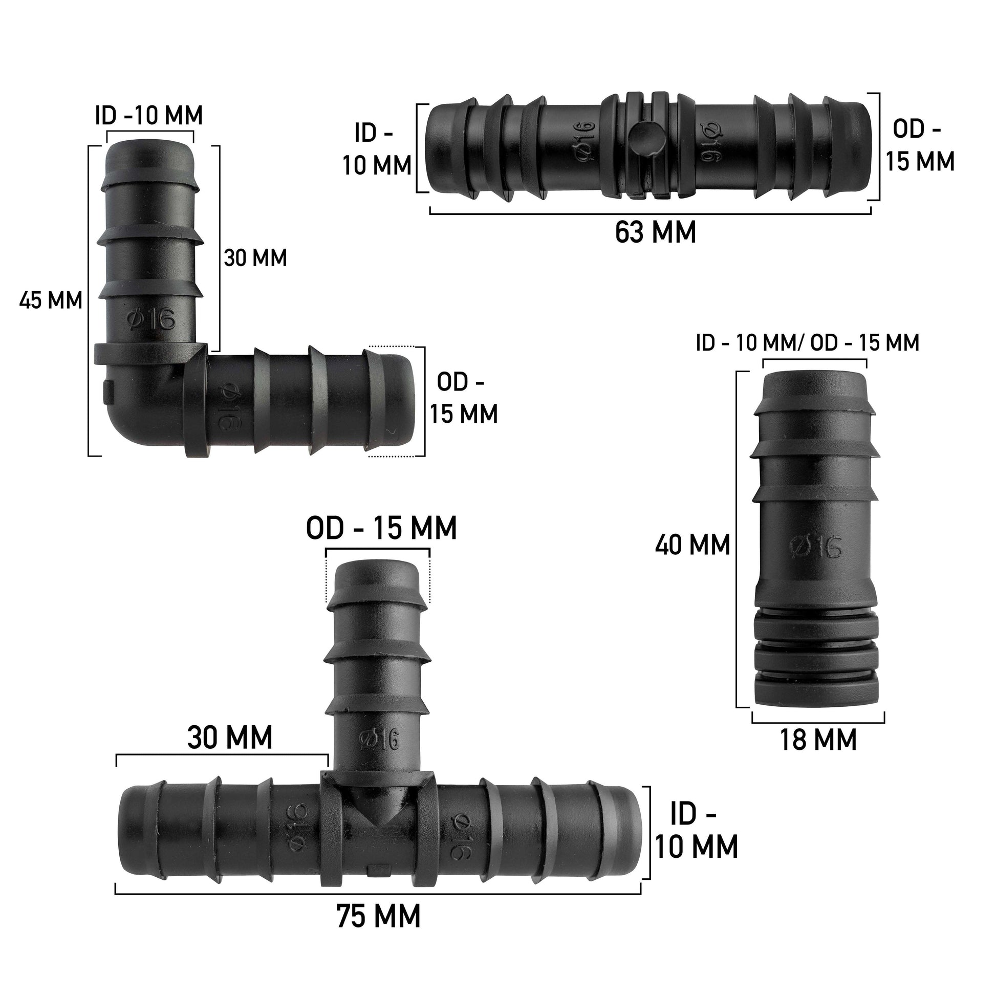 Porous Pipe Kit size diagram for black fittings, ID 10 mm, OD 15 mm
