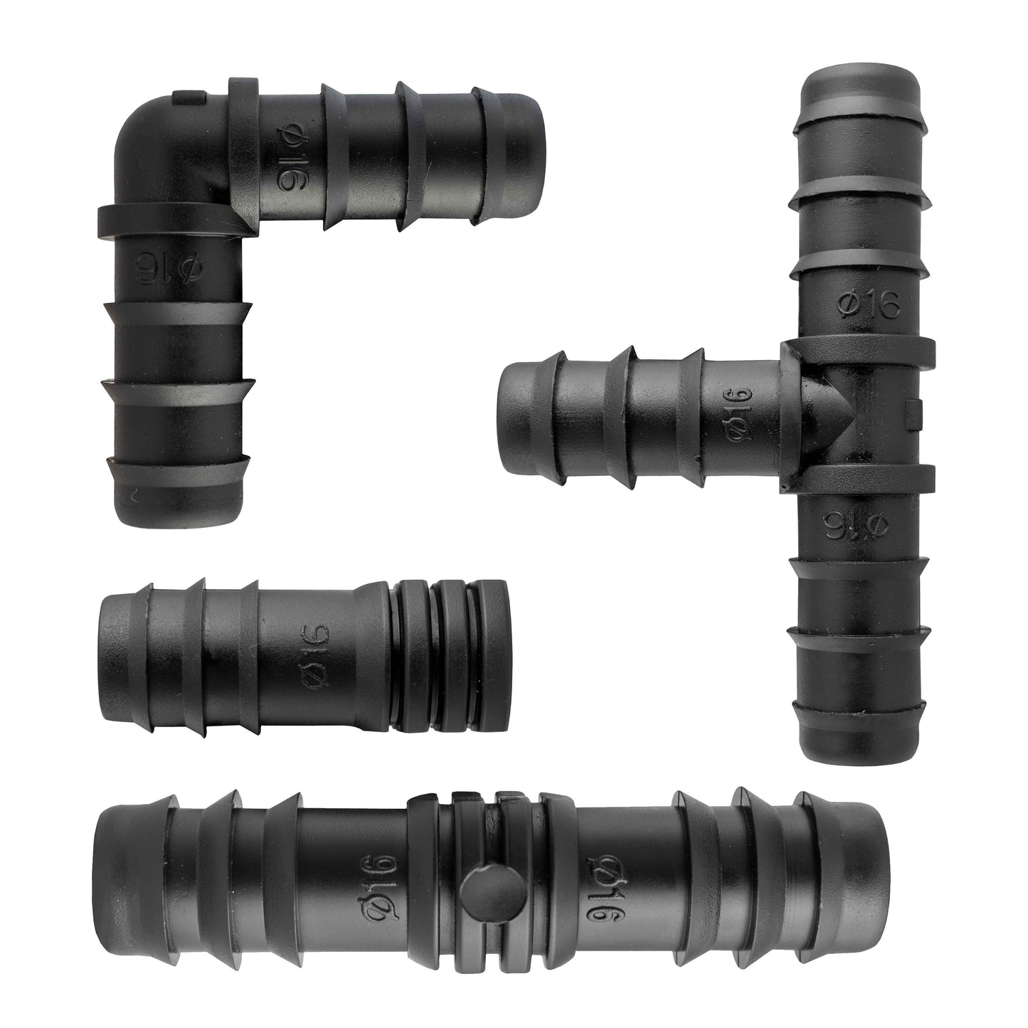Black porous pipe connectors with barbed fittings and ribbed joints
