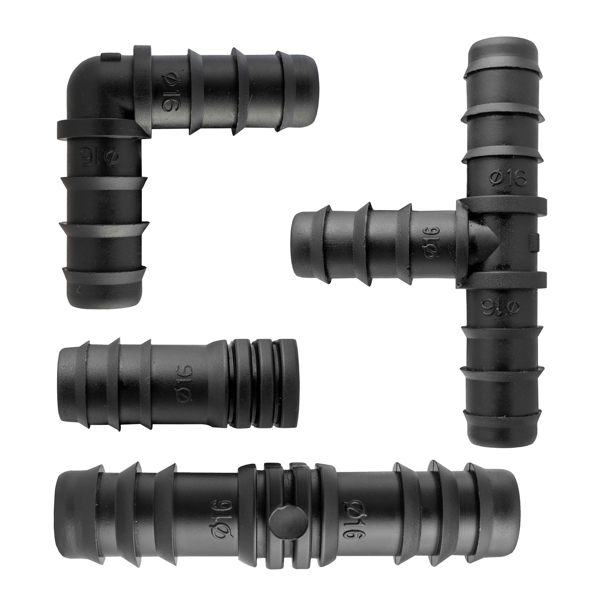 Close-up of black barbed pipe connectors with elbow, tee and joiner joints