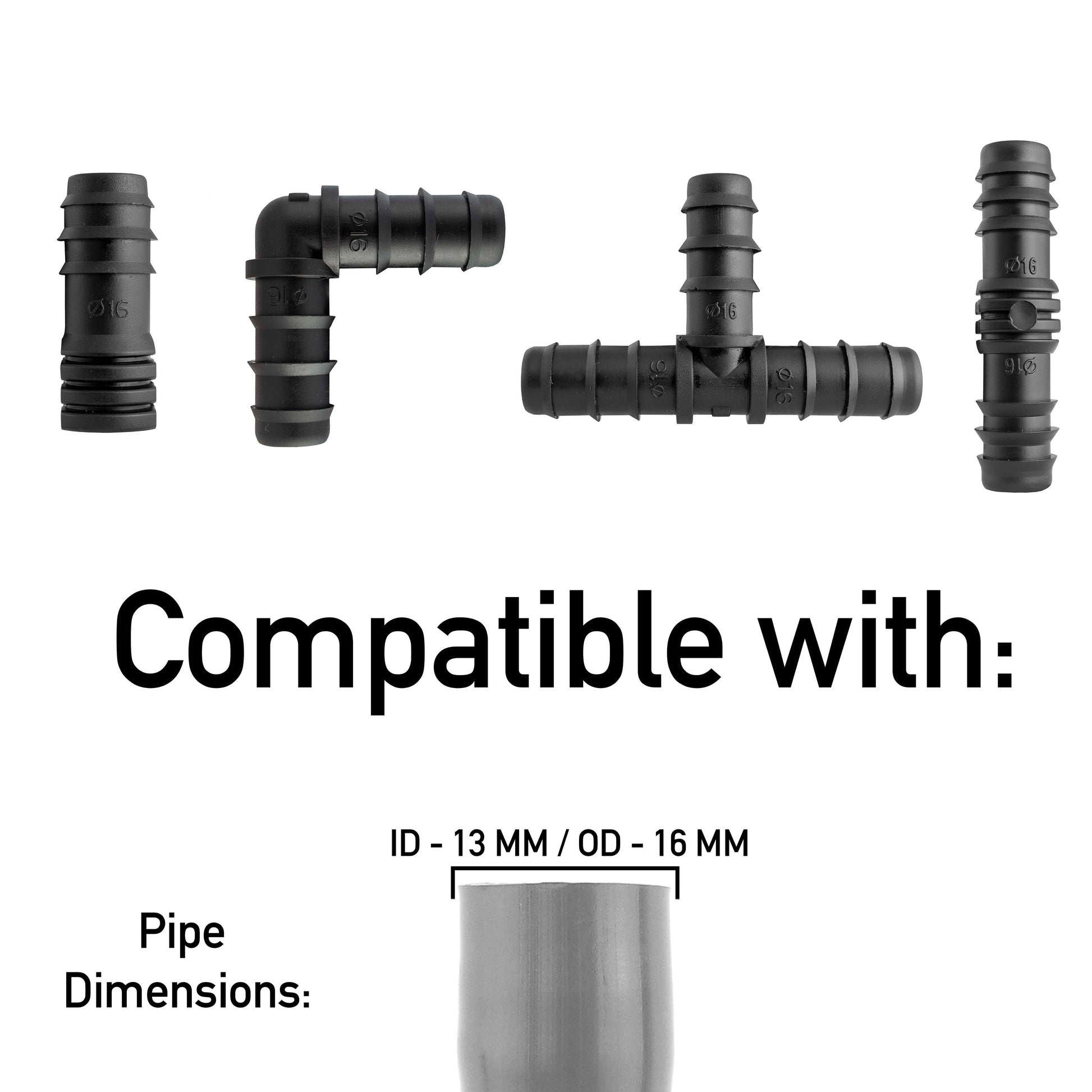 Black barbed pipe connector set shown with compatibility for 13mm ID to 16mm OD