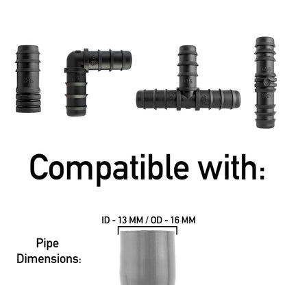 Black barbed pipe connector set shown with compatibility for 13mm ID to 16mm OD