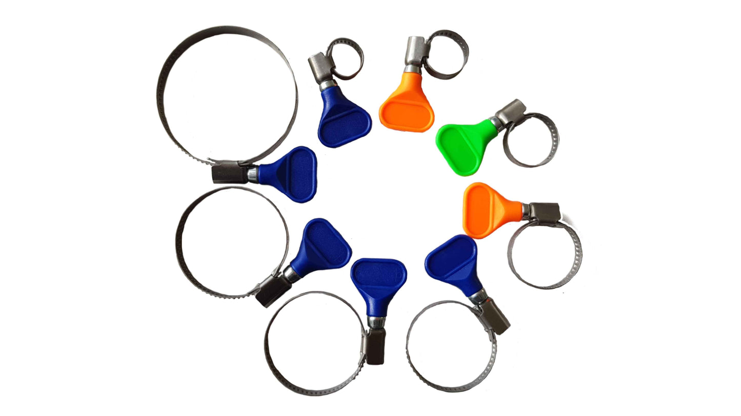 Assorted hose clips 20–35mm with blue and orange grips and metal rings