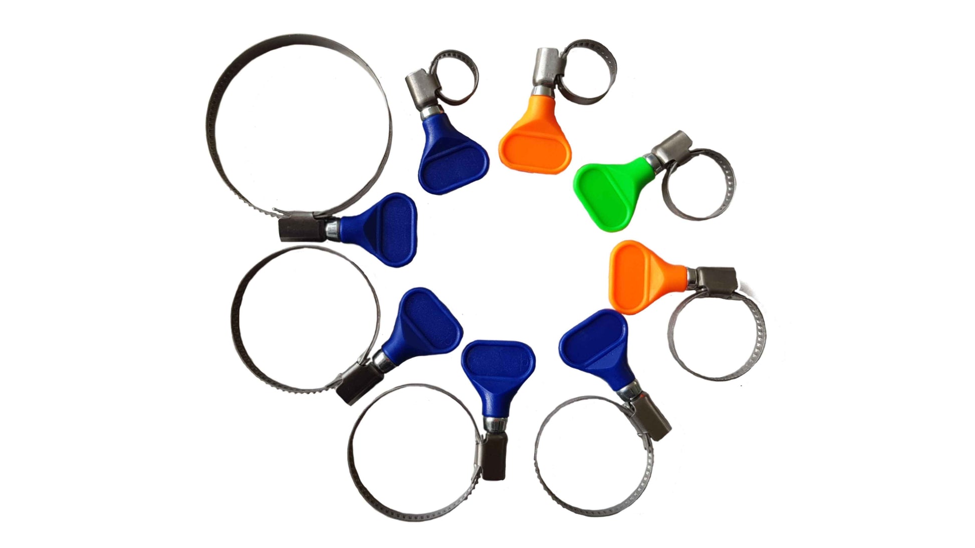 Mixed hose clips 16–27 mm with colorful grips and metal clamp bands