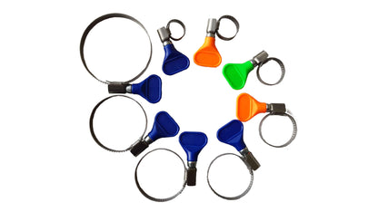 Mixed hose clips 16–27 mm with colorful grips and metal clamp bands