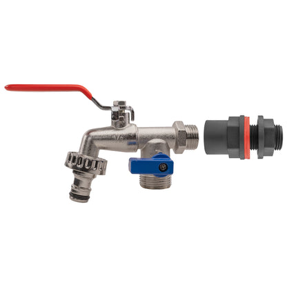 Water Butts kit 1/2" double tap—stainless tap body with red handle and outlets