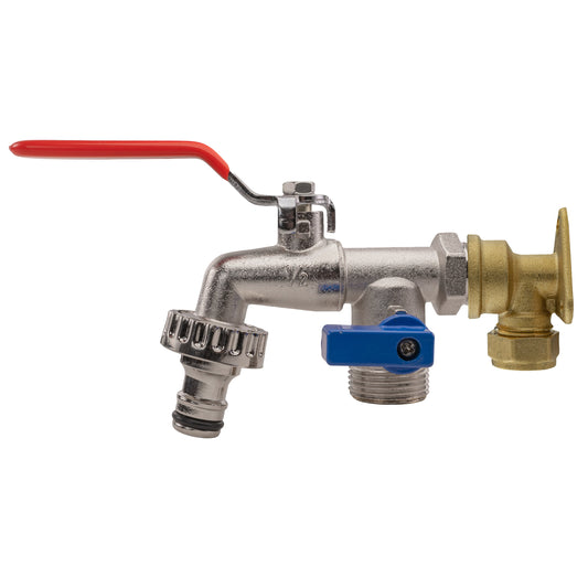 15mm brass wall flange kit with double tap, chrome body and red lever handle
