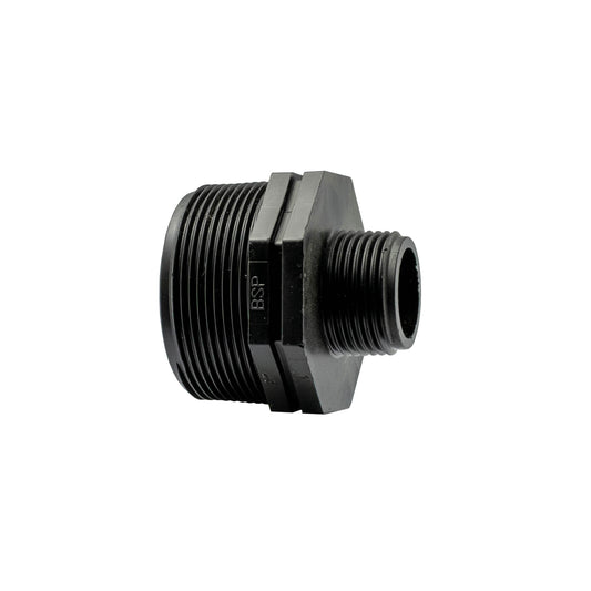 2” BSP to 1” BSP male reducing nipple, black threaded fitting