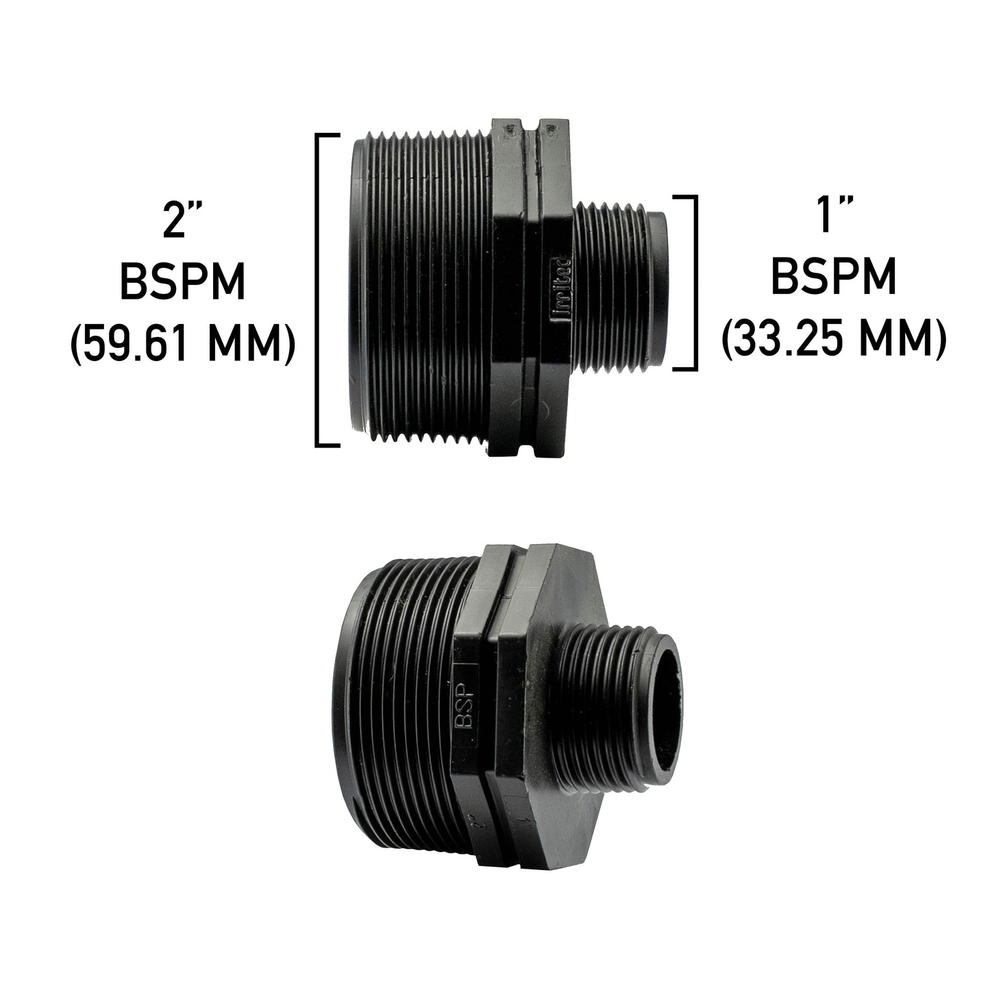 2” BSPM to 1” BSPM reducing nipple, black threaded fitting, 59.61/33.25mm