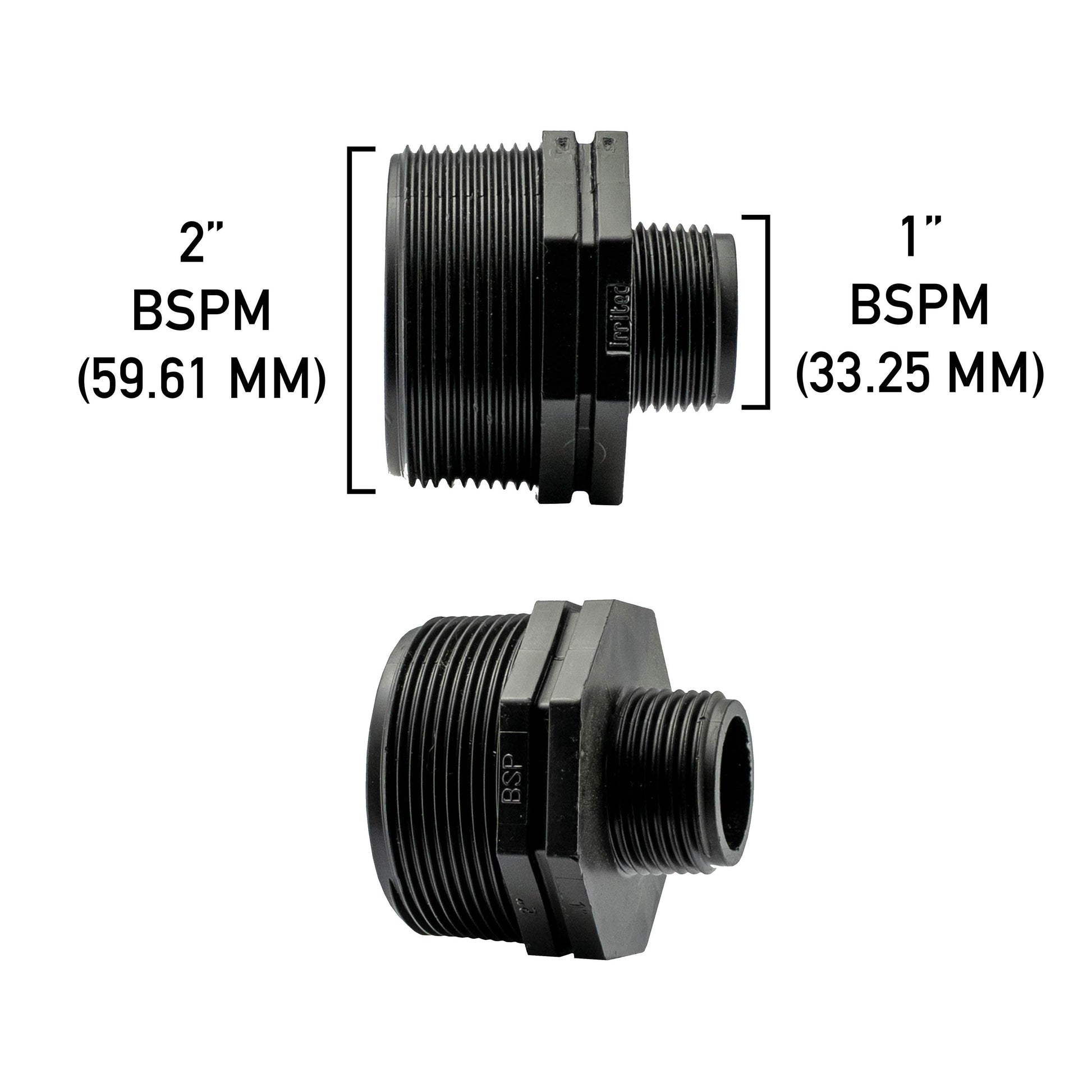 2” BSPM to 1” BSPM reducing nipple, black threaded fitting, 59.61/33.25mm