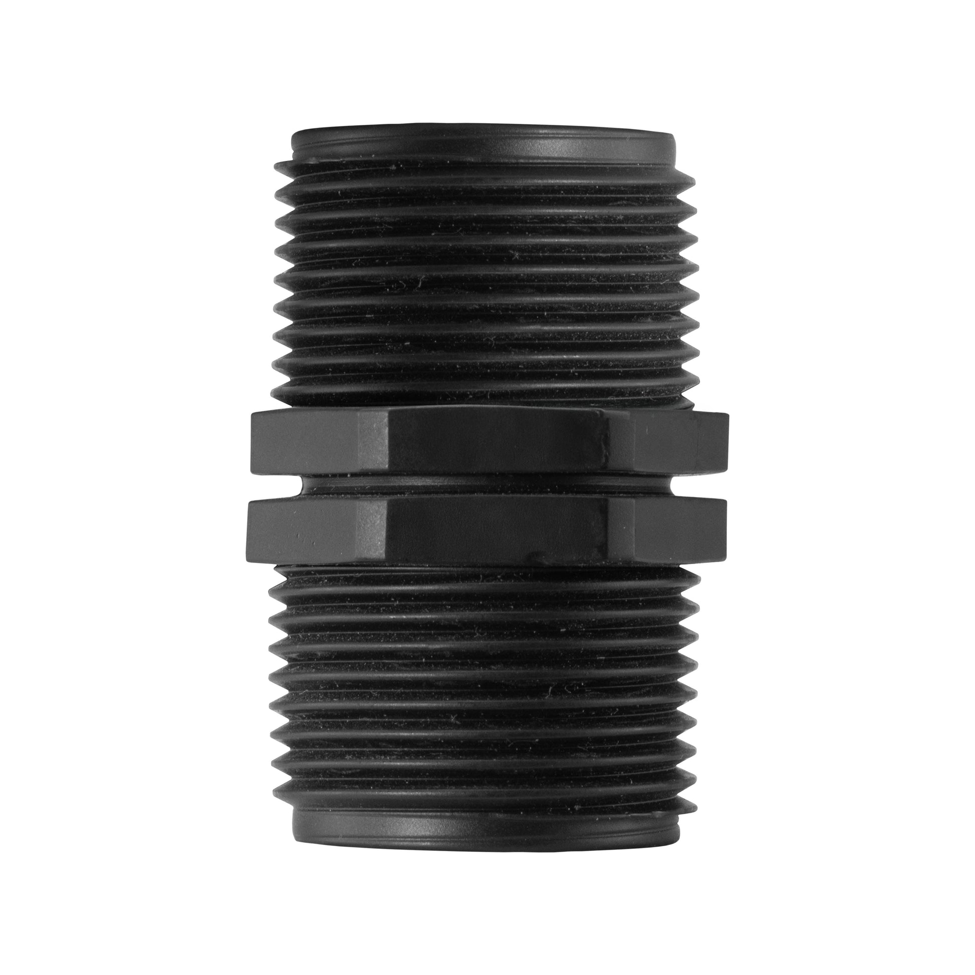 PP Nipple 1.5" BSPM, black threaded plastic pipe fitting with ridged grip