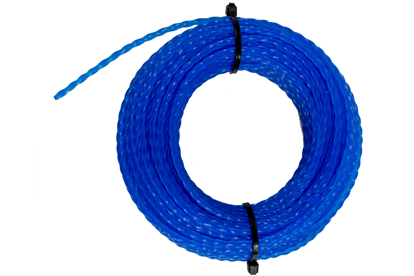 Blue twisted strimmer line 15m coil, black fasteners visible