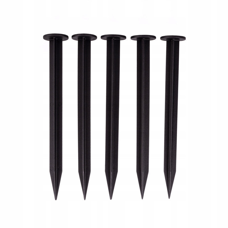 Black lawn border pegs, five upright pointed stakes with round top heads
