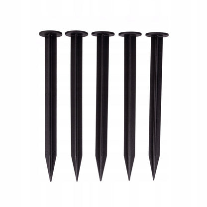 Black lawn border pegs, five upright pointed stakes with round top heads