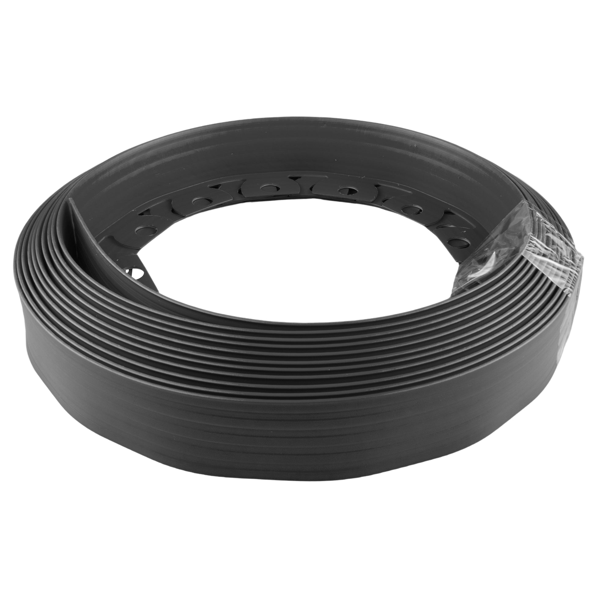 Black lawn border edging roll, pre-formed ring with fixing holes